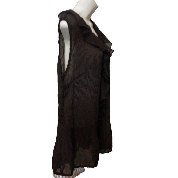 Christopher & Banks Ruffled Top L Dark Brown Sheer Pleated Sleeveless - Picture 3 of 10